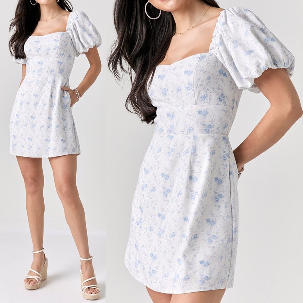 NEW Mi Ami Francesca's Erin Floral Square Neck Mini Dress L White Blue Cottage